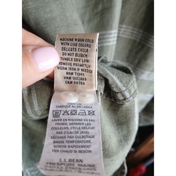 L.L. Bean Women's 1X Linen Shirt Long Sleeve Olive Stripe Green Button Down Top - Picture 8 of 8